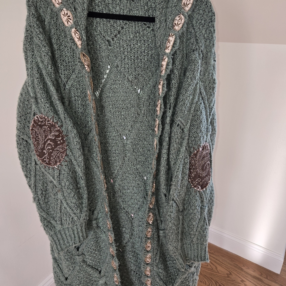 POL Green Cardigan with Brown and Cream Details